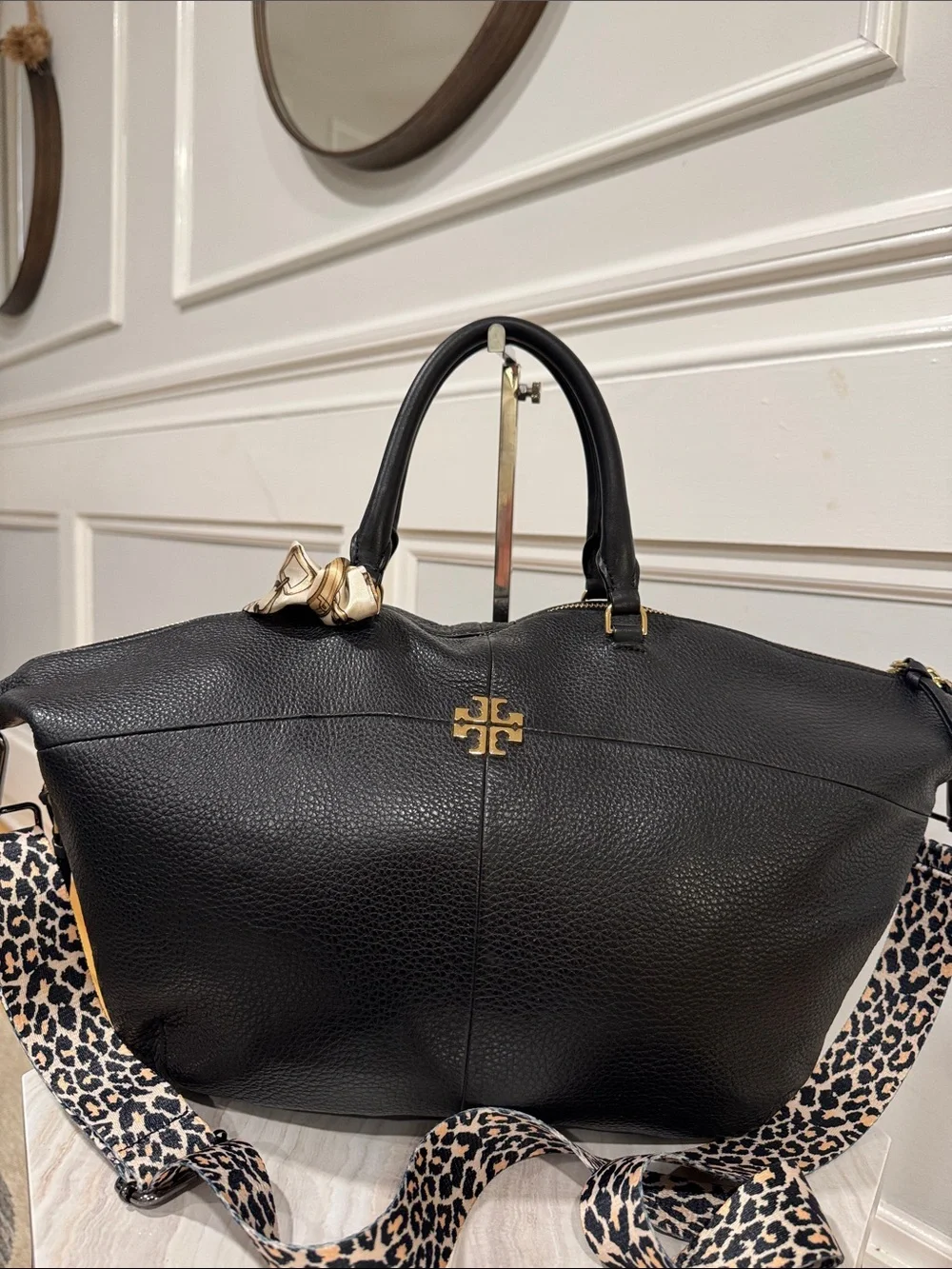 Tory Burch Bag Ivy Slouchy Black Leather Satchel with Leopard Crossbody Strap